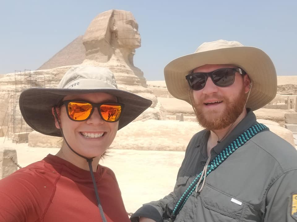 A Career Leading to Love in More Ways Than One Travel nurses Zane and Ally posing in front of the Sphinx
