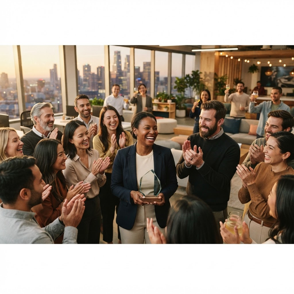 News & Insights Company team celebrating together in a modern office