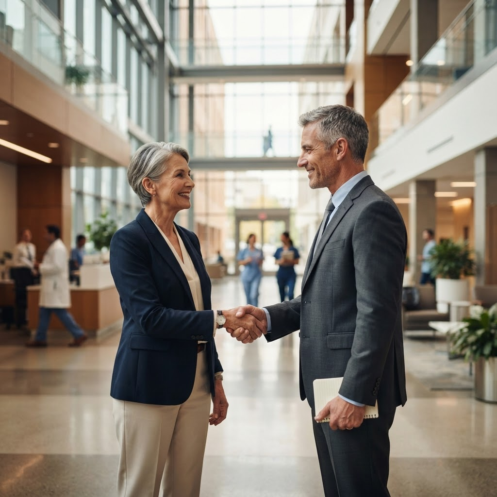 News & Insights Two healthcare executives shaking hands in a bright hospital lobby